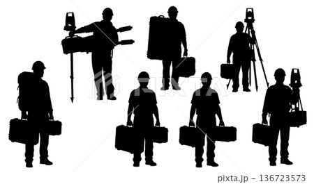 Black Solid Surveyor Equipment Case Silhouettes Set of Six on White Background Black Solid Surveyor Equipment Case Silhouettes Set of Six on White Background 136723573
