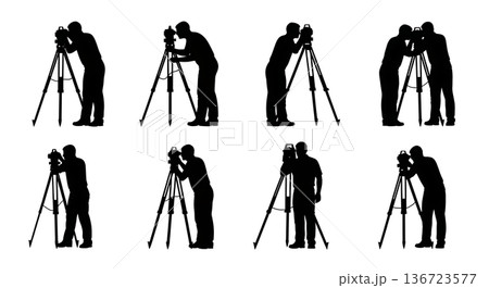 Black Solid Land Surveyor Silhouettes Set of Six on White Background 136723577
