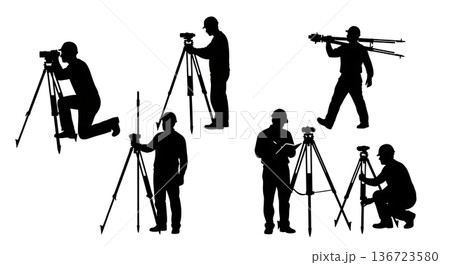 Black Solid Land Surveyor Silhouettes Set of Six on White Background 136723580