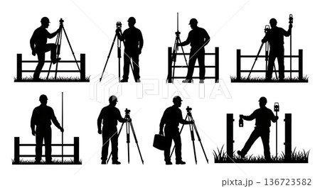 Black Solid Surveyor Fence Crossing Silhouettes Set of Six on White Background Black Solid Surveyor Fence Crossing Silhouettes Set of Six on White Background 136723582