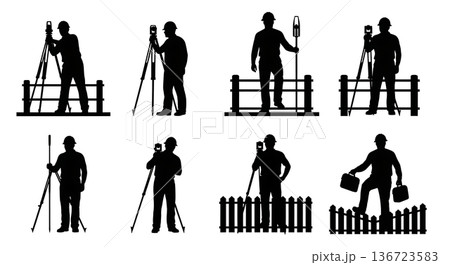 Black Solid Surveyor Fence Crossing Silhouettes Set of Six on White Background Black Solid Surveyor Fence Crossing Silhouettes Set of Six on White Background 136723583