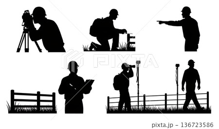 Black Solid Surveyor Fence Inspect Silhouettes Set of Six on White Background Black Solid Surveyor Fence Inspect Silhouettes Set of Six on White Background 136723586
