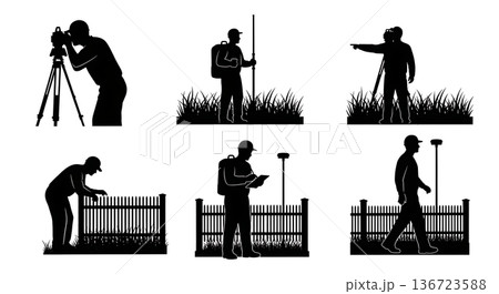 Black Solid Surveyor Fence Inspect Silhouettes Set of Six on White Background Black Solid Surveyor Fence Inspect Silhouettes Set of Six on White Background 136723588