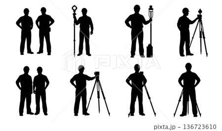 Black Solid Surveyor Hands On Hips Silhouettes Set of Six on White Background Black Solid Surveyor Hands On Hips Silhouettes Set of Six on White Background 136723610
