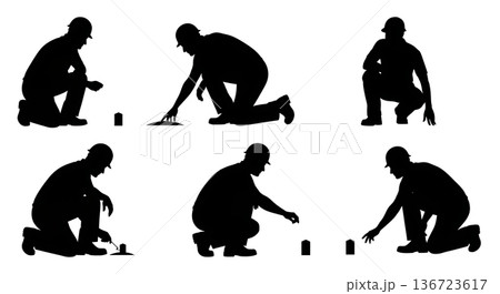 Black Solid Surveyor Kneeling Check Silhouettes Set of Six on White Background Black Solid Surveyor Kneeling Check Silhouettes Set of Six on White Background 136723617