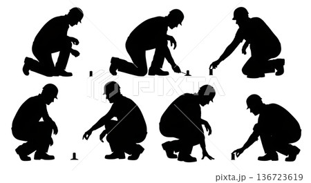 Black Solid Surveyor Kneeling Check Silhouettes Set of Six on White Background Black Solid Surveyor Kneeling Check Silhouettes Set of Six on White Background 136723619