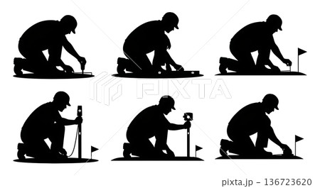 Black Solid Surveyor Kneeling Check Silhouettes Set of Six on White Background Black Solid Surveyor Kneeling Check Silhouettes Set of Six on White Background 136723620