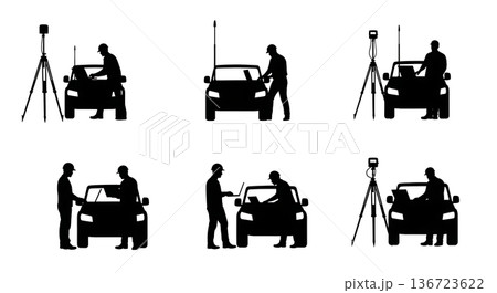 Black Solid Surveyor Laptop Truck Silhouettes Set of Six on White Background 136723622