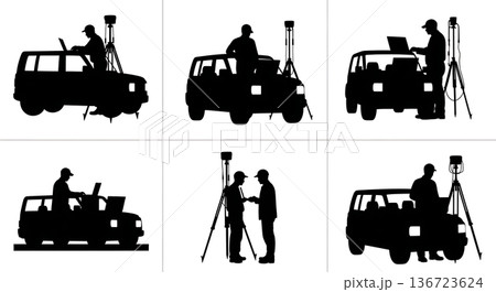 Black Solid Surveyor Laptop Truck Silhouettes Set of Six on White Background Black Solid Surveyor Laptop Truck Silhouettes Set of Six on White Background 136723624