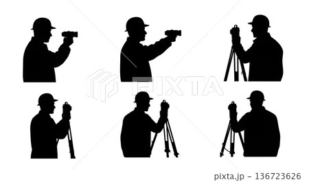 Black Solid Surveyor Laser Meter Silhouettes Set of Six on White Background Black Solid Surveyor Laser Meter Silhouettes Set of Six on White Background 136723626