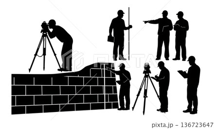 Black Solid Surveyor Retaining Wall Silhouettes Set of Six on White Background 136723647