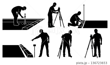Black Solid Surveyor Road Inspection Silhouettes Set of Six on White Background Black Solid Surveyor Road Inspection Silhouettes Set of Six on White Background 136723653