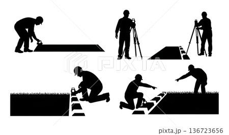 Black Solid Surveyor Road Inspection Silhouettes Set of Six on White Background Black Solid Surveyor Road Inspection Silhouettes Set of Six on White Background 136723656