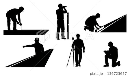 Black Solid Surveyor Road Inspection Silhouettes Set of Six on White Background Black Solid Surveyor Road Inspection Silhouettes Set of Six on White Background 136723657