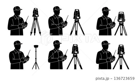 Black Solid Surveyor Robotic Remote Silhouettes Set of Six on White Background 136723659