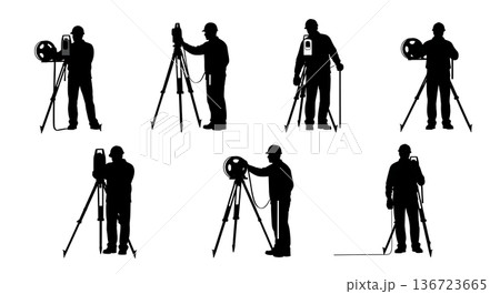 Black Solid Surveyor Roll Tape Silhouettes Set of Six on White Background 136723665