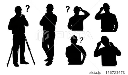 Black Solid Surveyor Scratch Head Silhouettes Set of Six on White Background Black Solid Surveyor Scratch Head Silhouettes Set of Six on White Background 136723678