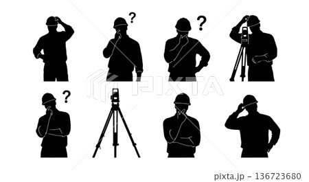 Black Solid Surveyor Scratch Head Silhouettes Set of Six on White Background 136723680