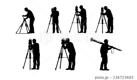 Black Solid Surveyor Setup Tripod Silhouettes Set of Six on White Background 136723685