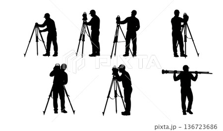 Black Solid Surveyor Setup Tripod Silhouettes Set of Six on White Background 136723686
