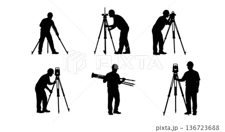 Black Solid Surveyor Setup Tripod Silhouettes Set of Six on White Background Black Solid Surveyor Setup Tripod Silhouettes Set of Six on White Background 136723688