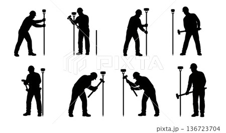 Black Solid Surveyor Sledgehammer Silhouettes Set of Six on White Background 136723704