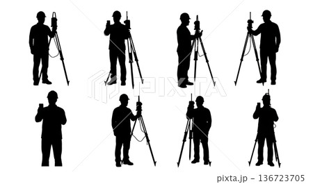 Black Solid Surveyor Smartphone Photo Silhouettes Set of Six on White Background 136723705