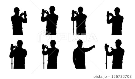Black Solid Surveyor Smartphone Photo Silhouettes Set of Six on White Background Black Solid Surveyor Smartphone Photo Silhouettes Set of Six on White Background 136723708