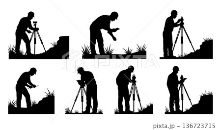 Black Solid Surveyor Soil Erosion Silhouettes Set of Six on White Background 136723715