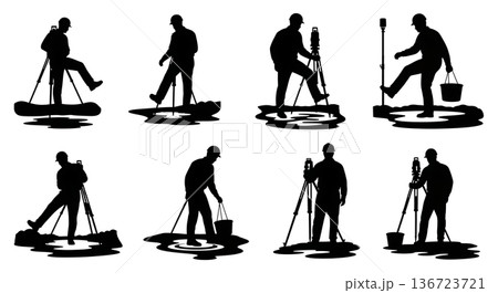 Black Solid Surveyor Step Puddle Silhouettes Set of Six on White Background 136723721
