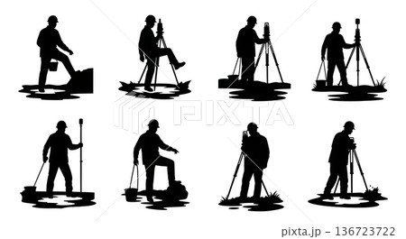Black Solid Surveyor Step Puddle Silhouettes Set of Six on White Background 136723722