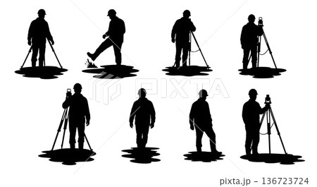 Black Solid Surveyor Step Puddle Silhouettes Set of Six on White Background 136723724
