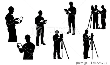 Black Solid Surveyor Tablet Data Silhouettes Set of Six on White Background 136723725