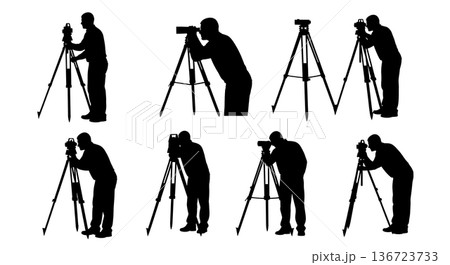 Black Solid Land Surveyor Theodolite Silhouettes Set of Six on White Background Black Solid Land Surveyor Theodolite Silhouettes Set of Six on White Background 136723733