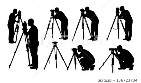 Black Solid Land Surveyor Theodolite Silhouettes Set of Six on White Background Black Solid Land Surveyor Theodolite Silhouettes Set of Six on White Background 136723734