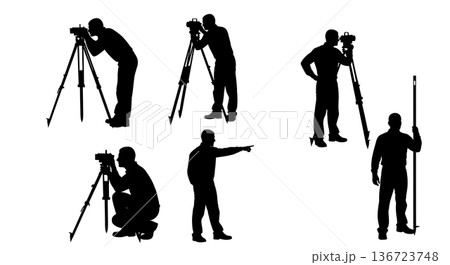 Black Solid Surveyor Tripod Silhouettes Set of Six on White Background 136723748