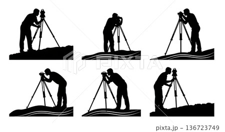 Black Solid Surveyor Tripod Slope Silhouettes Set of Six on White Background Black Solid Surveyor Tripod Slope Silhouettes Set of Six on White Background 136723749
