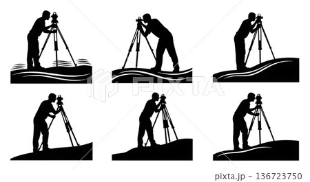 Black Solid Surveyor Tripod Slope Silhouettes Set of Six on White Background Black Solid Surveyor Tripod Slope Silhouettes Set of Six on White Background 136723750