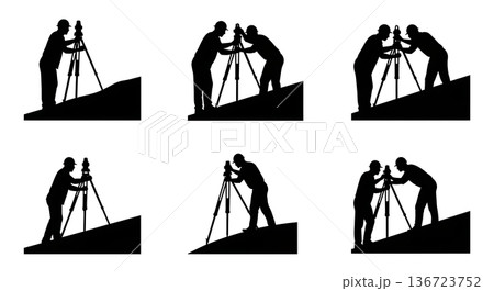 Black Solid Surveyor Tripod Slope Silhouettes Set of Six on White Background 136723752