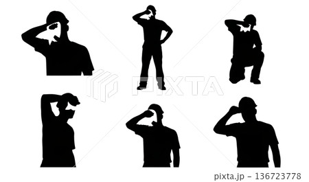 Black Solid Surveyor Wipe Sweat Silhouettes Set of Six on White Background 136723778