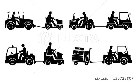 Black Solid Tow Tractor Airport Silhouettes Set of Six on White Background Black Solid Tow Tractor Airport Silhouettes Set of Six on White Background 136723807