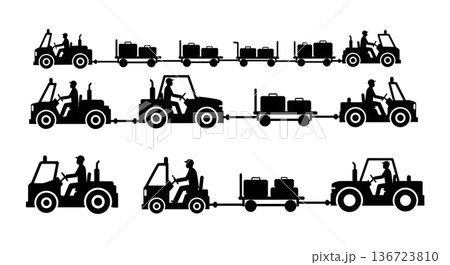 Black Solid Tow Tractor Airport Silhouettes Set of Six on White Background Black Solid Tow Tractor Airport Silhouettes Set of Six on White Background 136723810