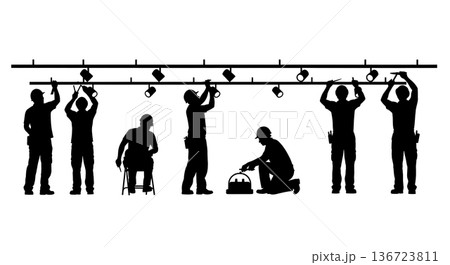 Black Solid Track Lighting Install Silhouettes Set of Six on White Background Black Solid Track Lighting Install Silhouettes Set of Six on White Background 136723811