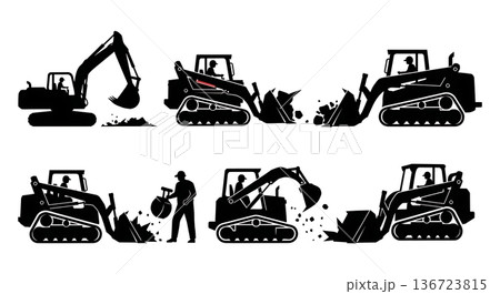 Black Solid Track Loader Clearance Silhouettes Set of Six on White Background 136723815