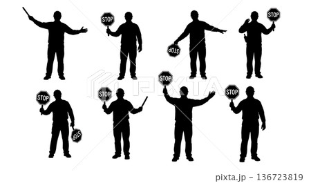 Black Solid Traffic Control Sign Silhouettes Set of Six on White Background 136723819