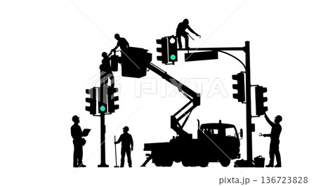 Black Solid Traffic Light Repair Silhouettes Set of Six on White Background Black Solid Traffic Light Repair Silhouettes Set of Six on White Background 136723828