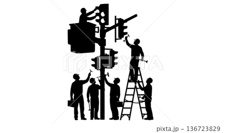 Black Solid Traffic Light Repair Silhouettes Set of Six on White Background Black Solid Traffic Light Repair Silhouettes Set of Six on White Background 136723829