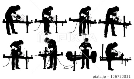 Black Solid Trailer Hitch Welder Silhouettes Set of Six on White Background Black Solid Trailer Hitch Welder Silhouettes Set of Six on White Background 136723831