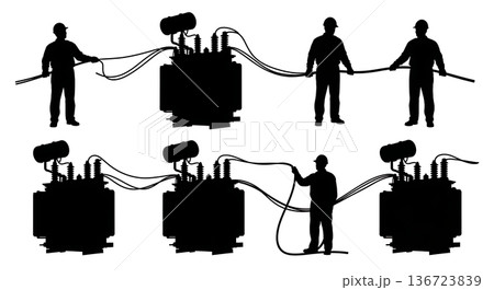 Black Solid Transformer Connection Silhouettes Set of Six on White Background 136723839