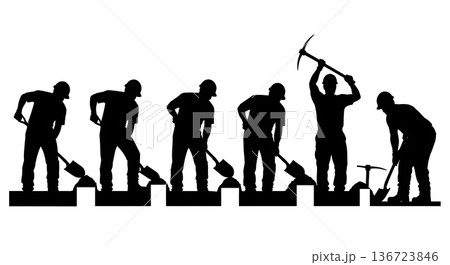 Black Solid Trench Digging Electrician Silhouettes Set of Six on White Background Black Solid Trench Digging Electrician Silhouettes Set of Six on White Background 136723846
